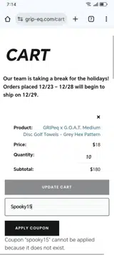 Spooky15 coupon verification screenshot