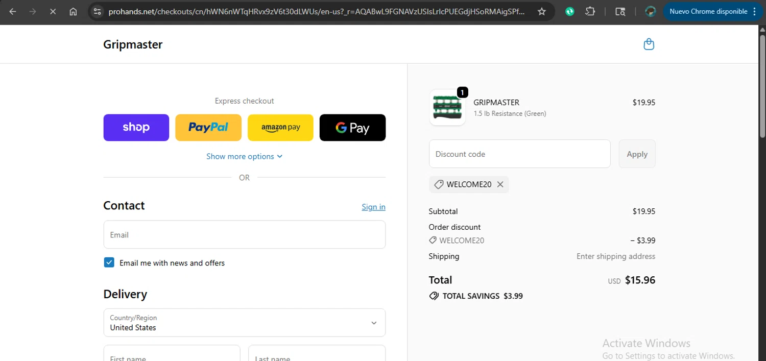 Gripmaster promo code screenshot showing code WELCOME20 applied at Gripmaster checkout page. Uploaded by SimplyCodes community member MariaCorinaMachado on Dec 24, 2025