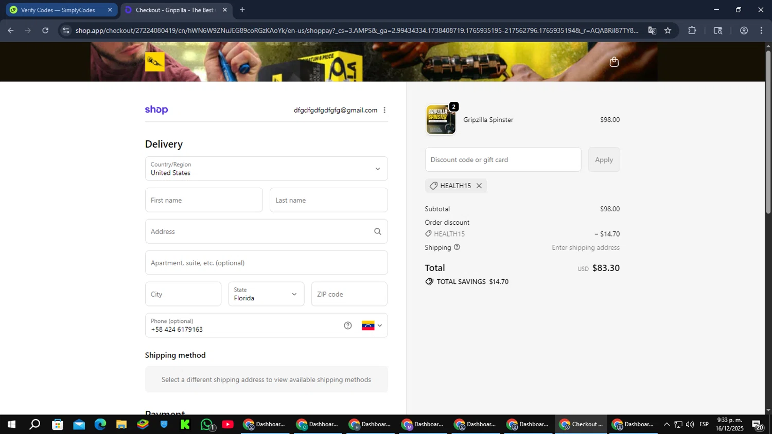 Gripzilla discount code screenshot showing code HEALTH15 applied at Gripzilla checkout page. Uploaded by SimplyCodes community member RebateCaptain6440 on Dec 17, 2025