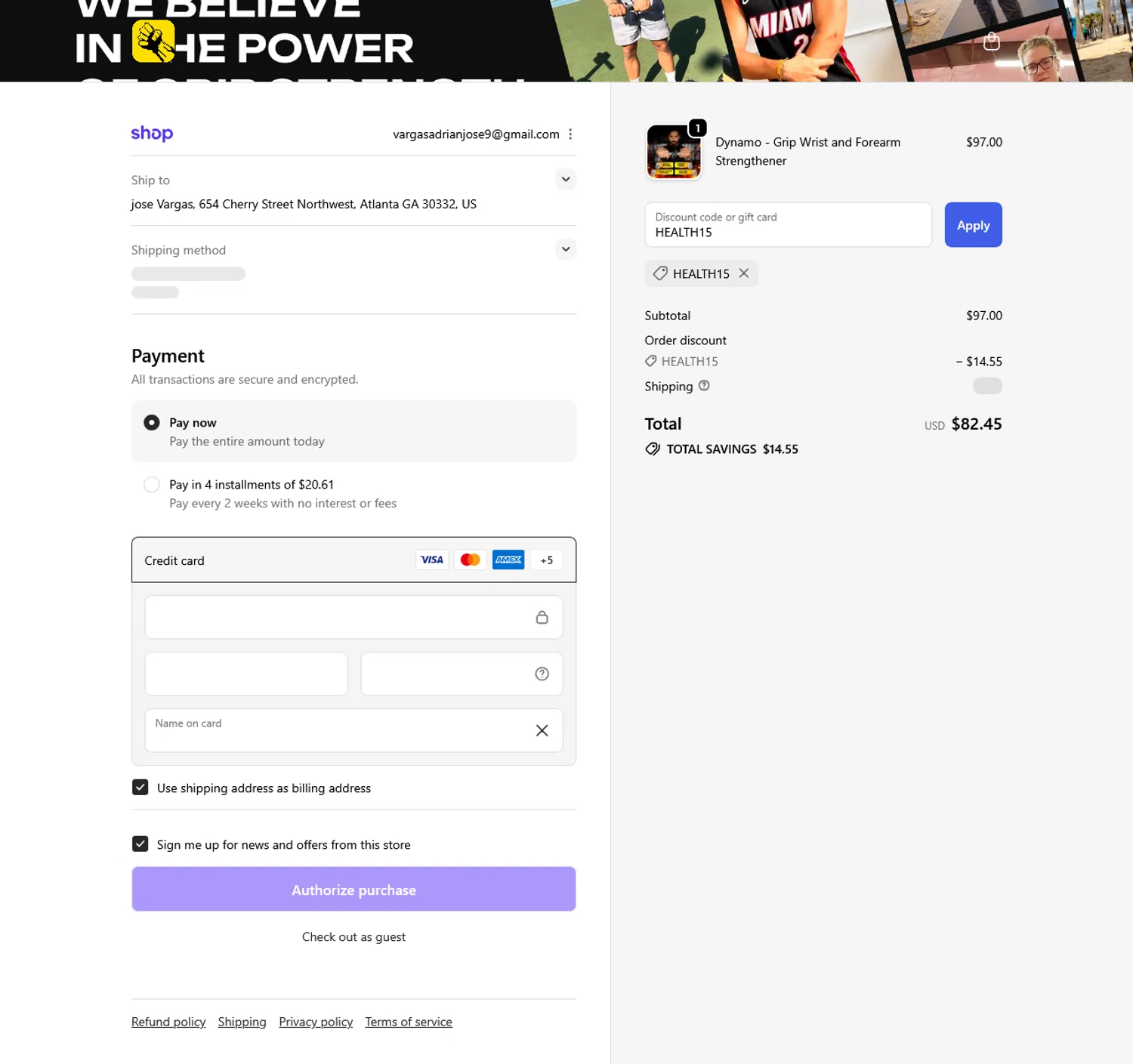 Gripzilla discount code screenshot showing code HEALTH15 applied at Gripzilla checkout page. Uploaded by SimplyCodes community member WladimirV on Oct 7, 2025