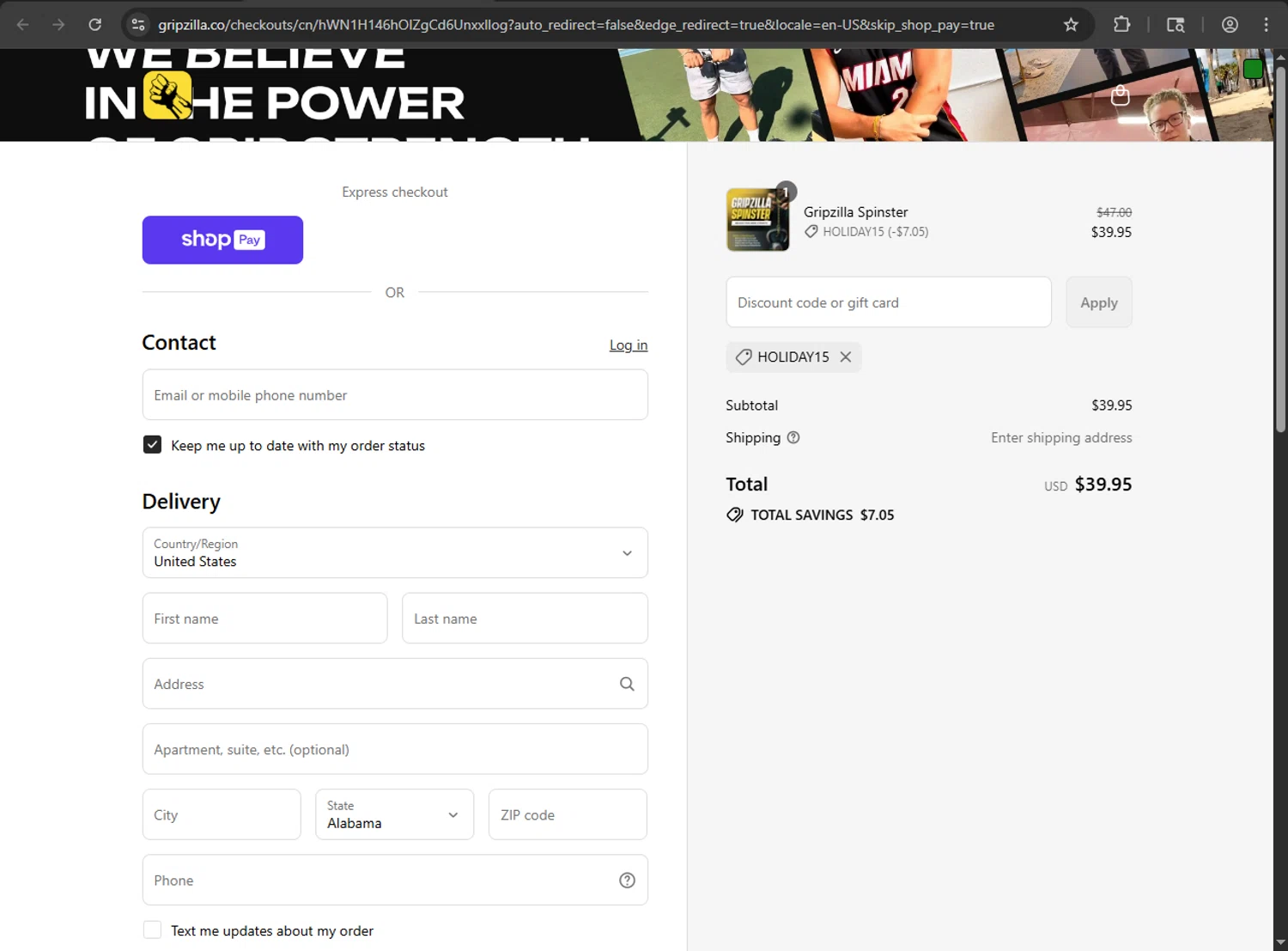 Gripzilla discount code screenshot showing code HOLIDAY15 applied at Gripzilla checkout page. Uploaded by SimplyCodes community member zzzzzzza on Jul 31, 2025