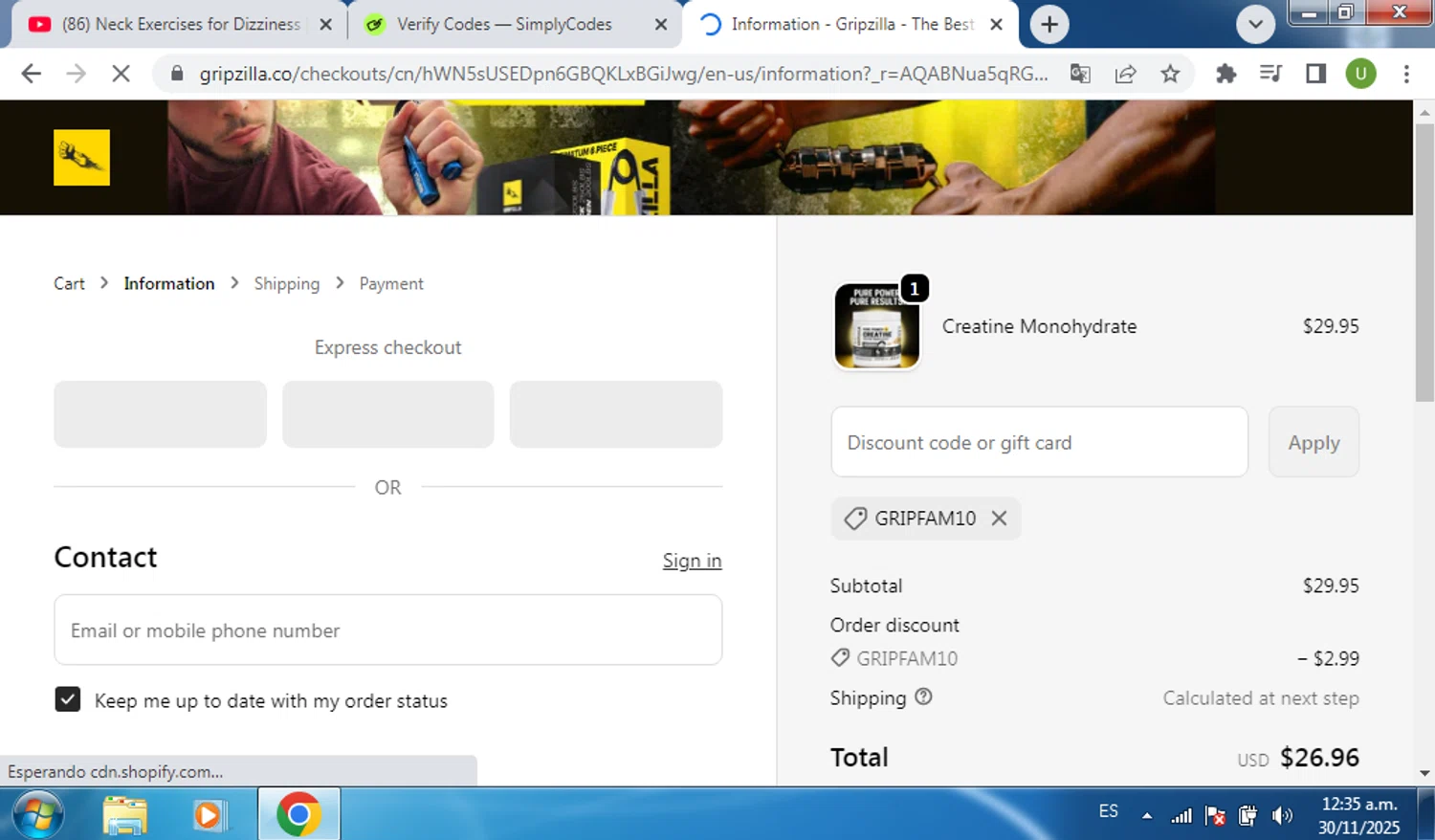Gripzilla discount code screenshot showing code GRIPFAM10 applied at Gripzilla checkout page. Uploaded by SimplyCodes community member CouponSaver4196 on Nov 30, 2025