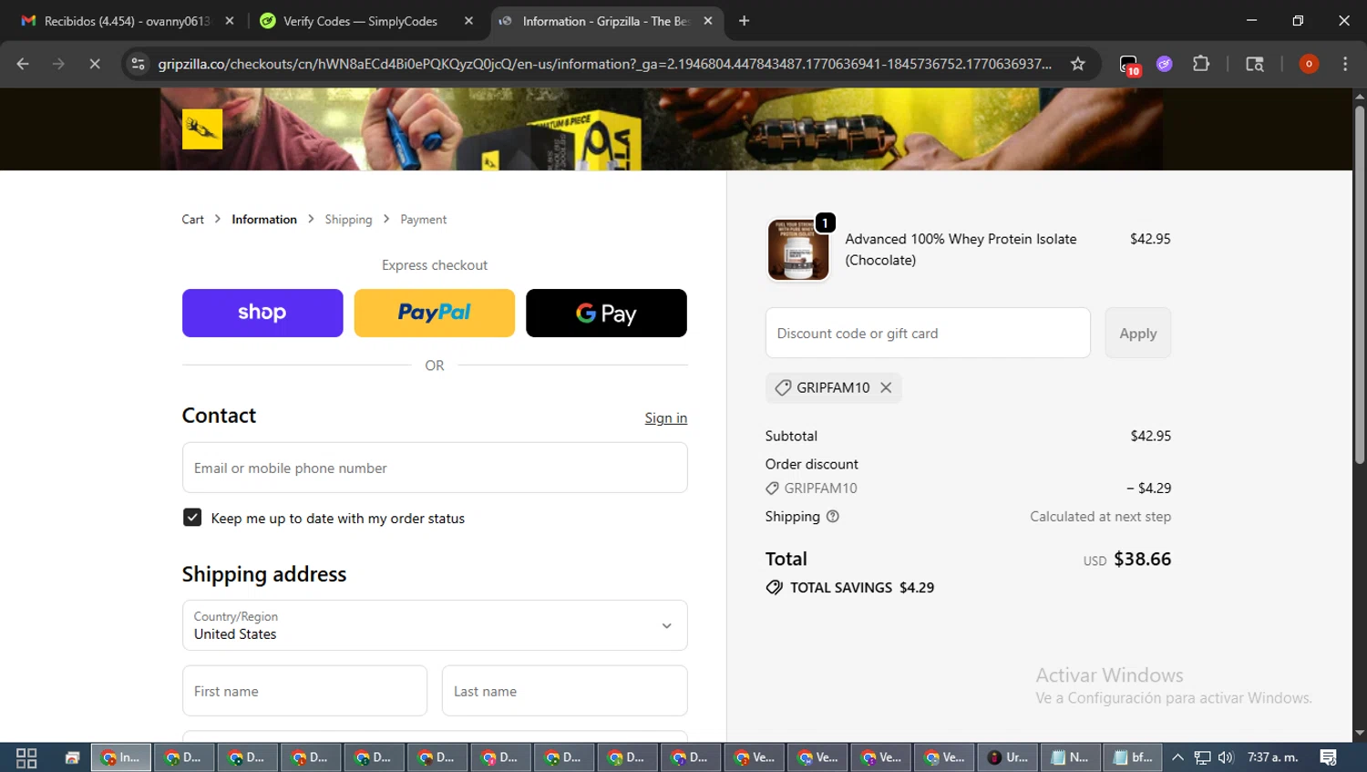 Gripzilla discount code screenshot showing code GRIPFAM10 applied at Gripzilla checkout page. Uploaded by SimplyCodes community member WiseTracker2171 on Feb 9, 2026
