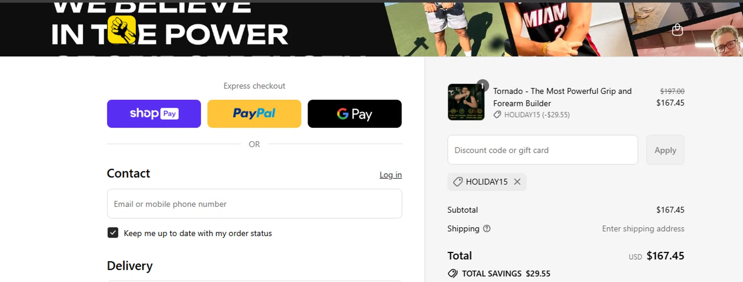 Gripzilla discount code screenshot showing code HOLIDAY15 applied at Gripzilla checkout page. Uploaded by SimplyCodes community member ashe1986 on Jul 2, 2025
