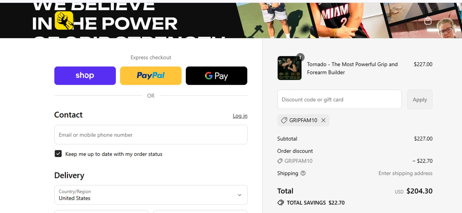 Gripzilla discount code screenshot showing code GRIPFAM10 applied at Gripzilla checkout page. Uploaded by SimplyCodes community member ashe1986 on Sep 2, 2025