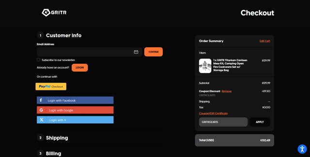 GRITR checkout page showing GRITR coupon code box | Screenshot taken by SimplyCodes community member on Jul 19, 2025