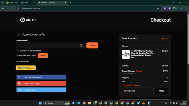 GRITR checkout page showing GRITR coupon code box | Screenshot taken by SimplyCodes community member on Aug 22, 2025
