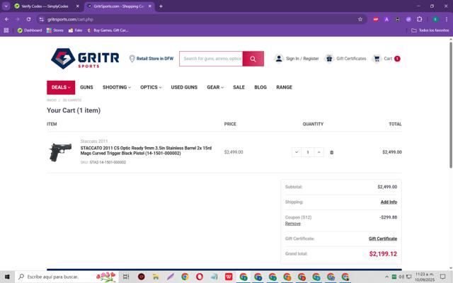 GritrSports checkout page showing GritrSports coupon code box | Screenshot taken by SimplyCodes community member on Sep 10, 2025