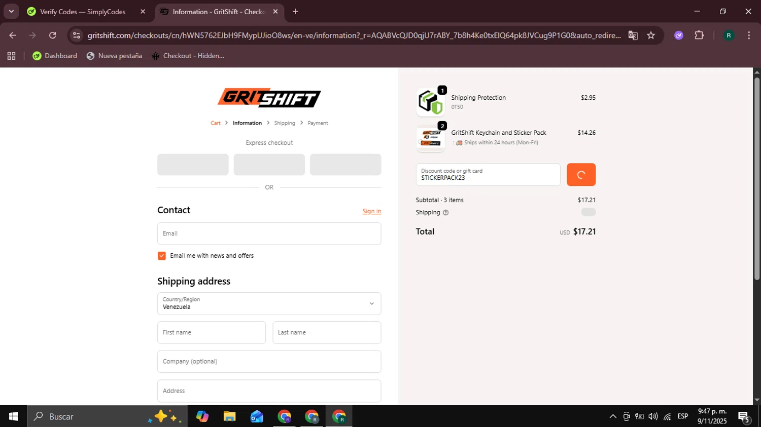 GritShift discount code screenshot showing code STICKERPACK23 applied at GritShift checkout page. Uploaded by SimplyCodes community member Coneflavols on Nov 10, 2025