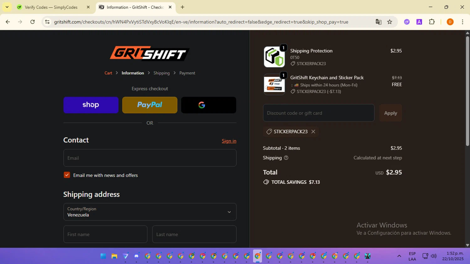 GritShift discount code screenshot showing code STICKERPACK23 applied at GritShift checkout page. Uploaded by SimplyCodes community member SavingsMaverick3203 on Oct 22, 2025