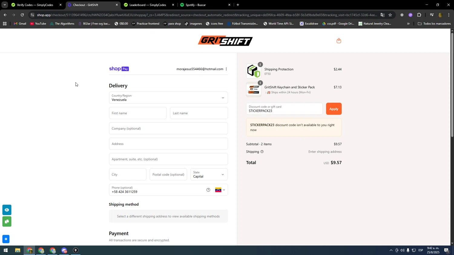 GritShift discount code screenshot showing code STICKERPACK23 applied at GritShift checkout page. Uploaded by SimplyCodes community member kakakakakka on Aug 25, 2025