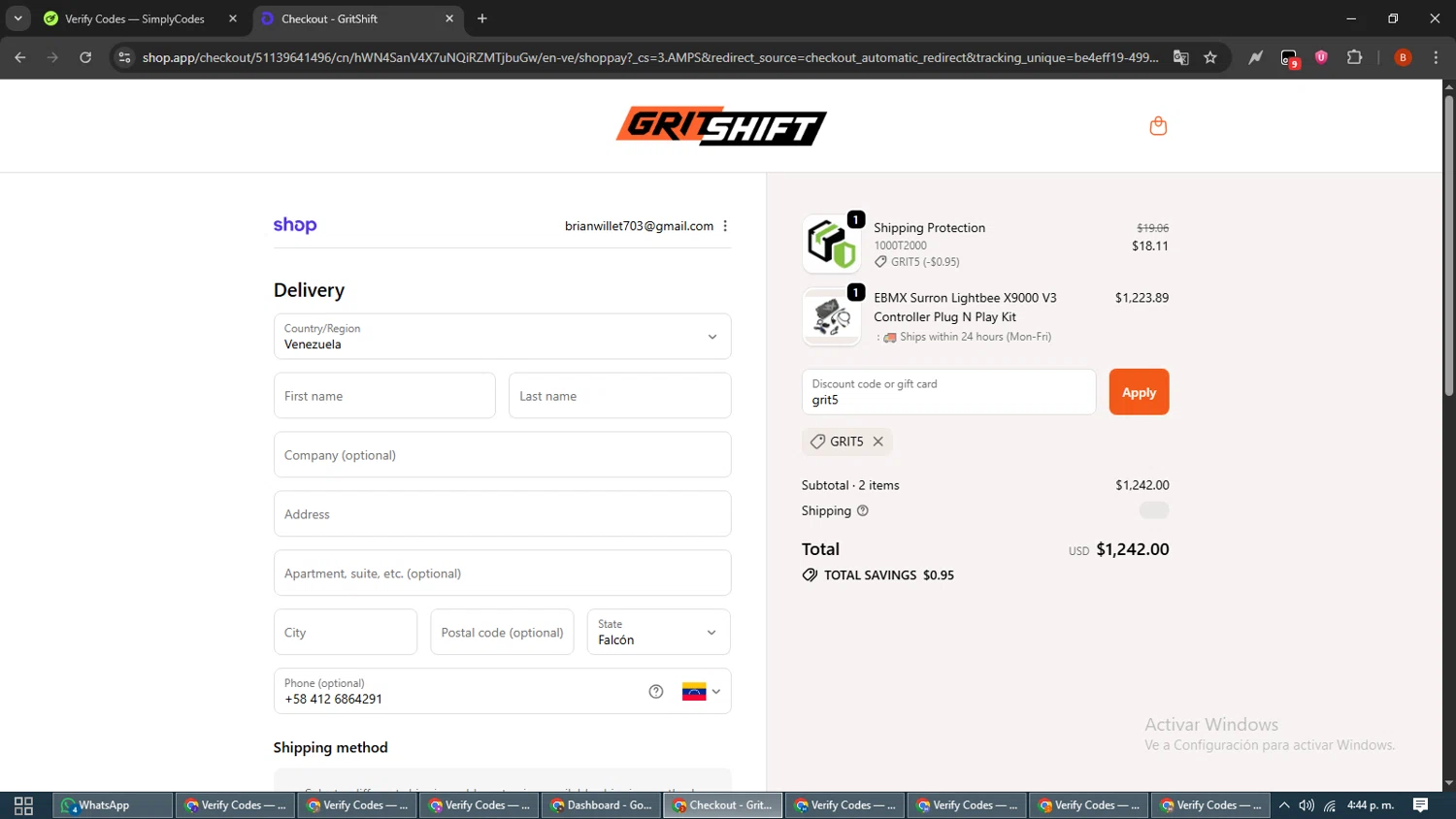 GritShift discount code screenshot showing code grit5 applied at GritShift checkout page. Uploaded by SimplyCodes community member BrilliantLynx7174 on Oct 23, 2025