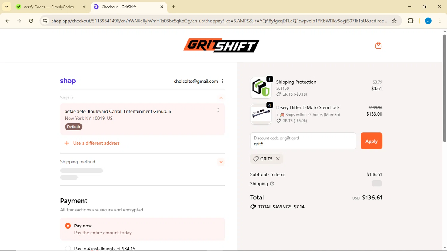 GritShift discount code screenshot showing code grit5 applied at GritShift checkout page. Uploaded by SimplyCodes community member Luisitoxd12 on Dec 20, 2025