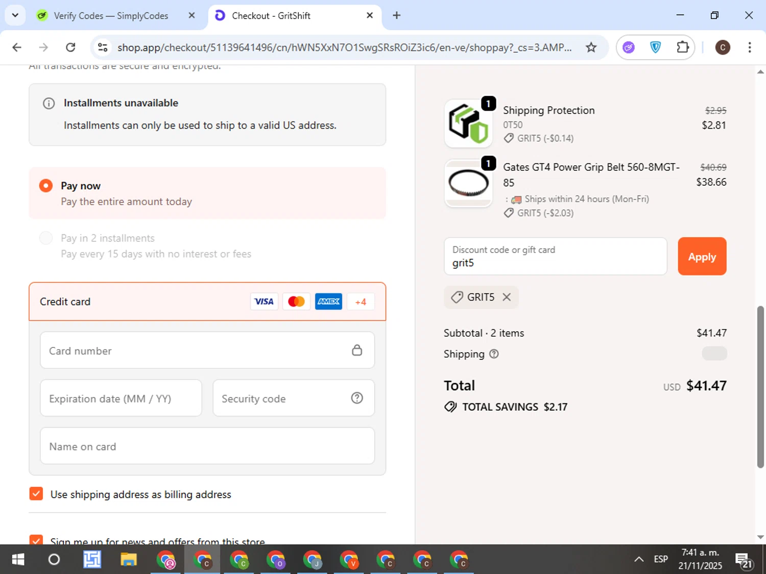 GritShift discount code screenshot showing code grit5 applied at GritShift checkout page. Uploaded by SimplyCodes community member TreasureFox8596 on Nov 21, 2025