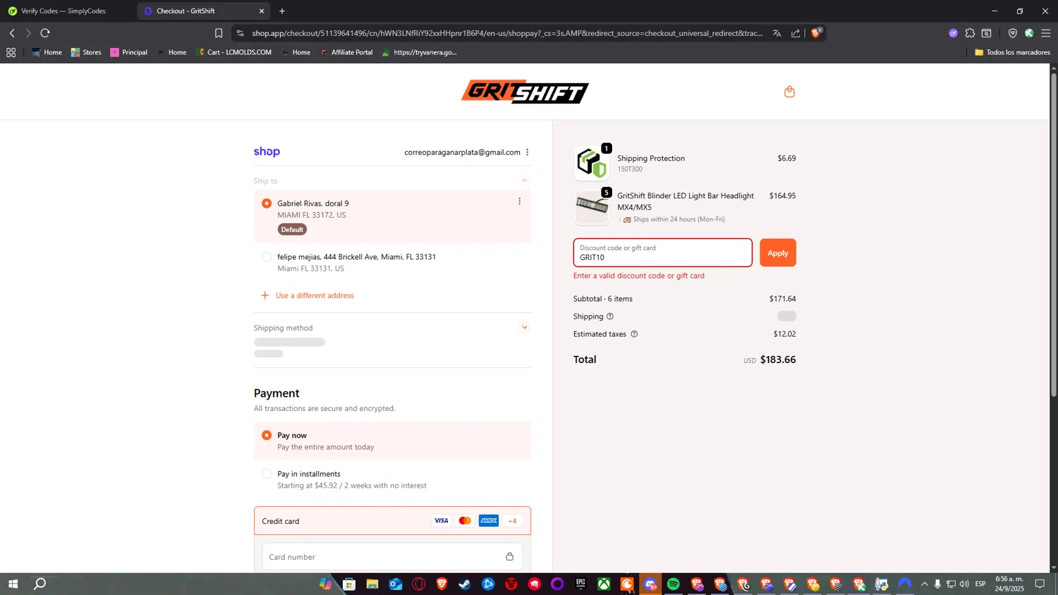 GritShift discount code screenshot showing code GRIT10 applied at GritShift checkout page. Uploaded by SimplyCodes community member Nulo0000 on Sep 24, 2025