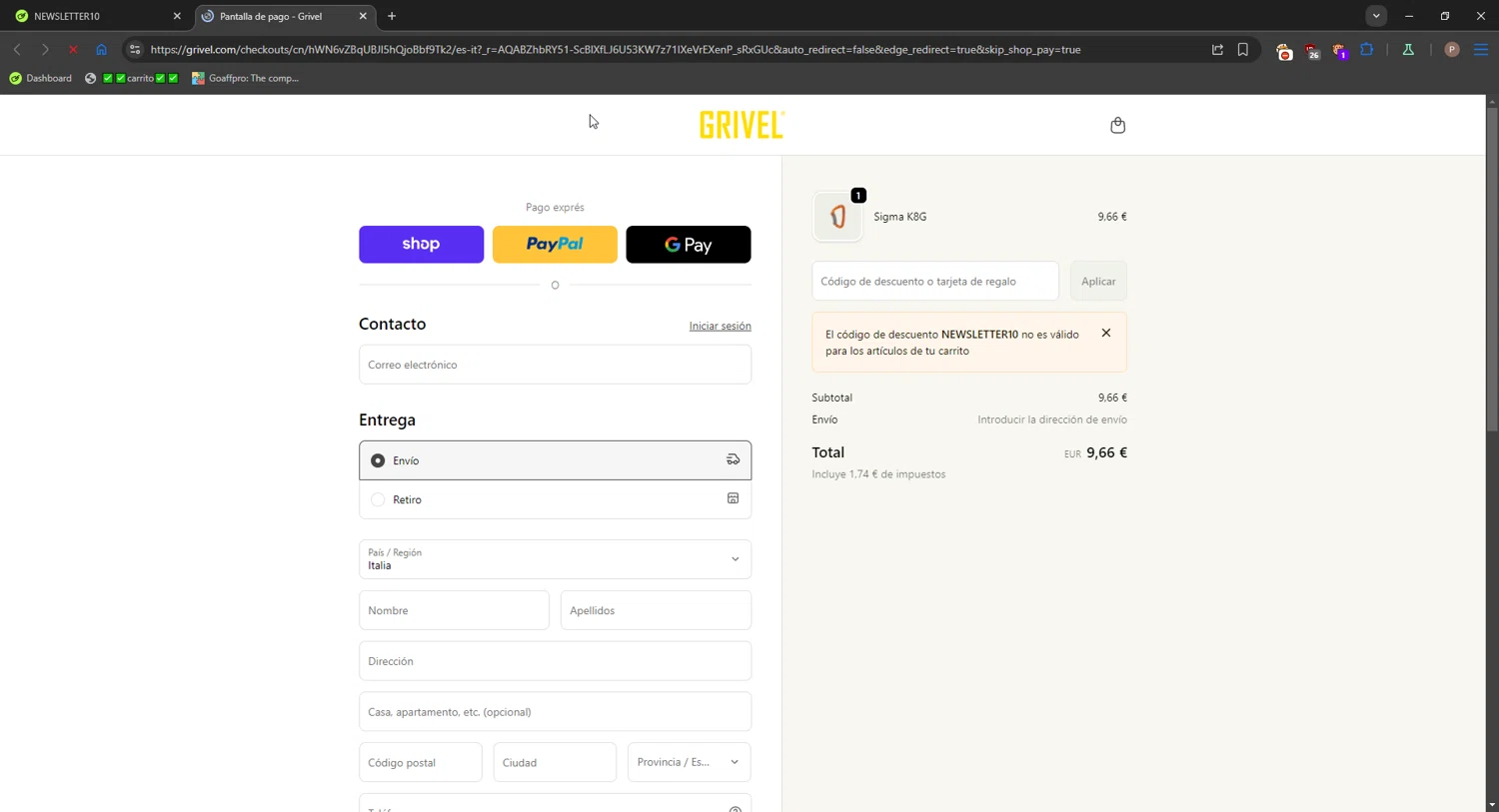 Grivel promo code screenshot showing code NEWSLETTER10 applied at Grivel checkout page. Uploaded by SimplyCodes community member CrownPro3073 on Dec 27, 2025