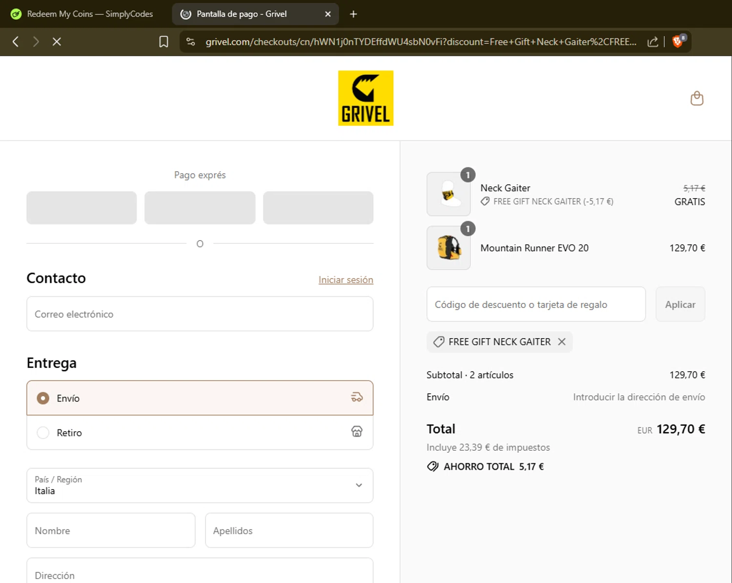 Grivel promo code screenshot showing code FREEGIFTNECKGAITER applied at Grivel checkout page. Uploaded by SimplyCodes community member bombardeen_vzla on Aug 12, 2025
