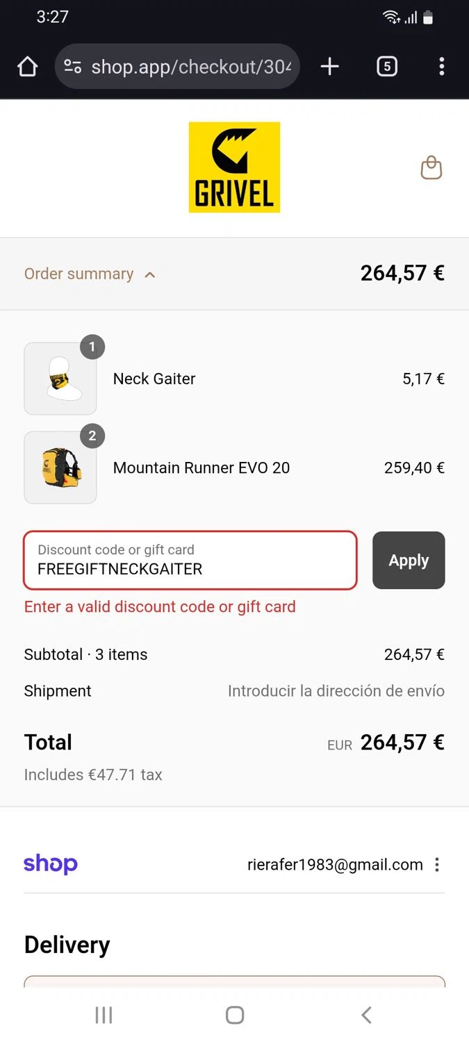 Grivel promo code screenshot showing code FREEGIFTNECKGAITER applied at Grivel checkout page. Uploaded by SimplyCodes community member tulioriera on Aug 12, 2025
