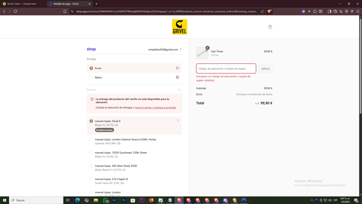 Grivel promo code screenshot showing code LATESUN25 applied at Grivel checkout page. Uploaded by SimplyCodes community member ArtPOPO on Sep 3, 2025