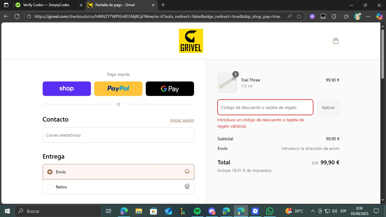 Grivel promo code screenshot showing code LATESUN25 applied at Grivel checkout page. Uploaded by SimplyCodes community member CashCollector4109 on Sep 3, 2025