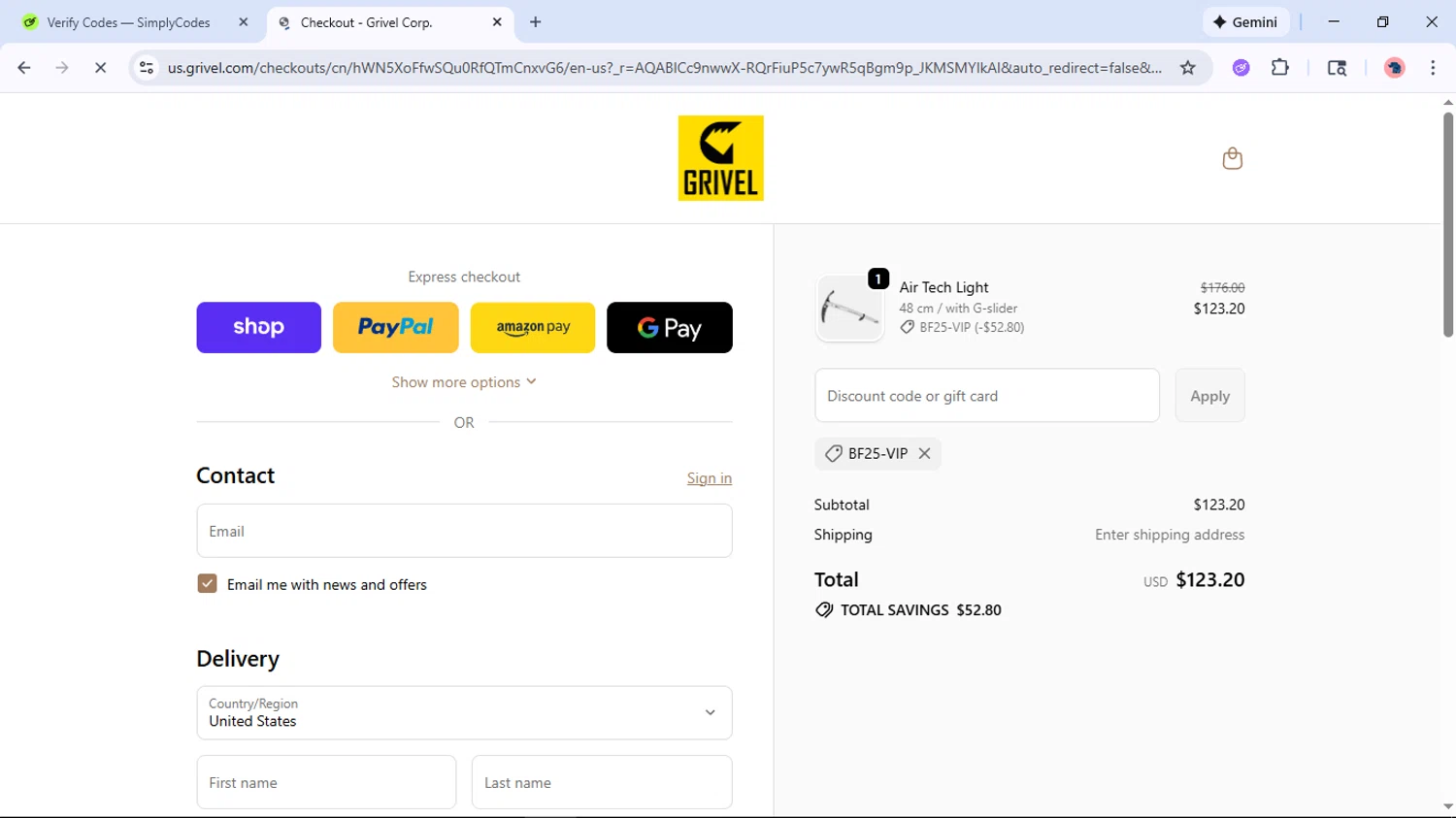 Grivel promo code screenshot showing code BF25-VIP applied at Grivel checkout page. Uploaded by SimplyCodes community member Cucalina on Nov 21, 2025