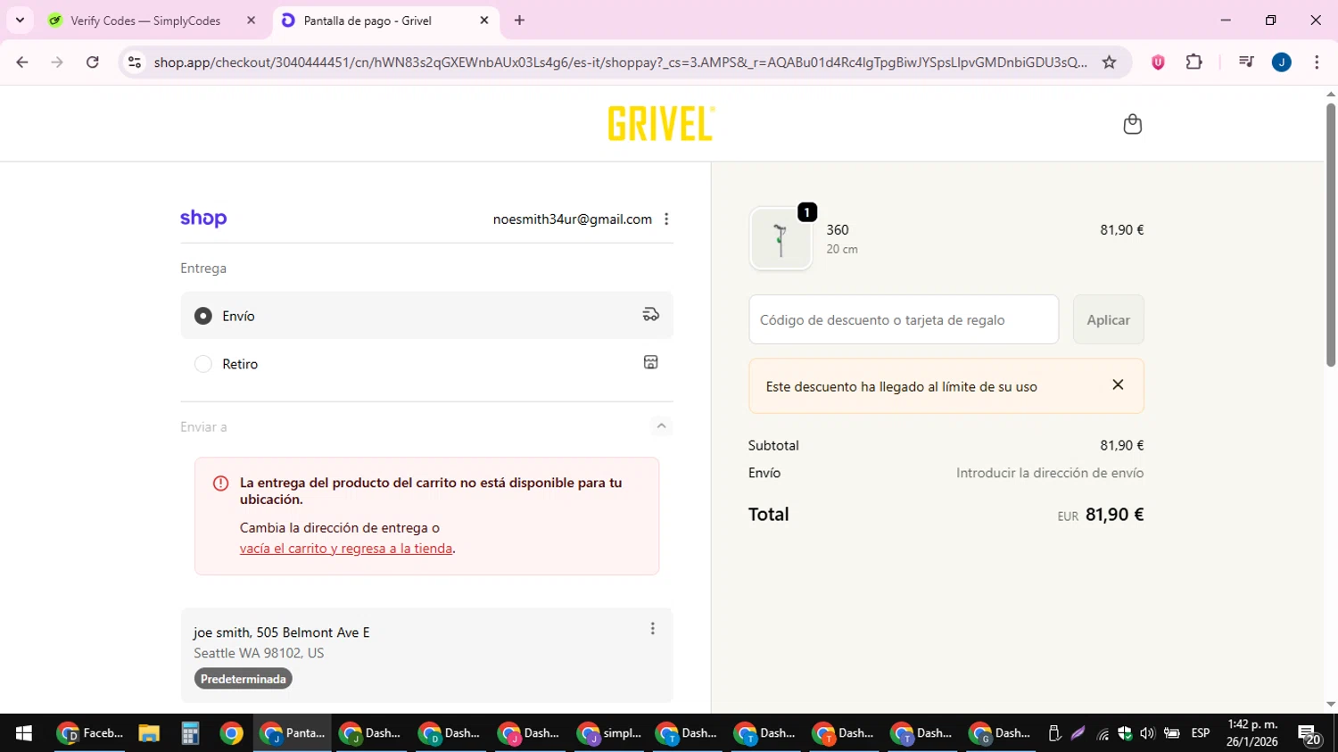 Grivel promo code screenshot showing code BFKFQQLD applied at Grivel checkout page. Uploaded by SimplyCodes community member noesmith34ur on Jan 26, 2026