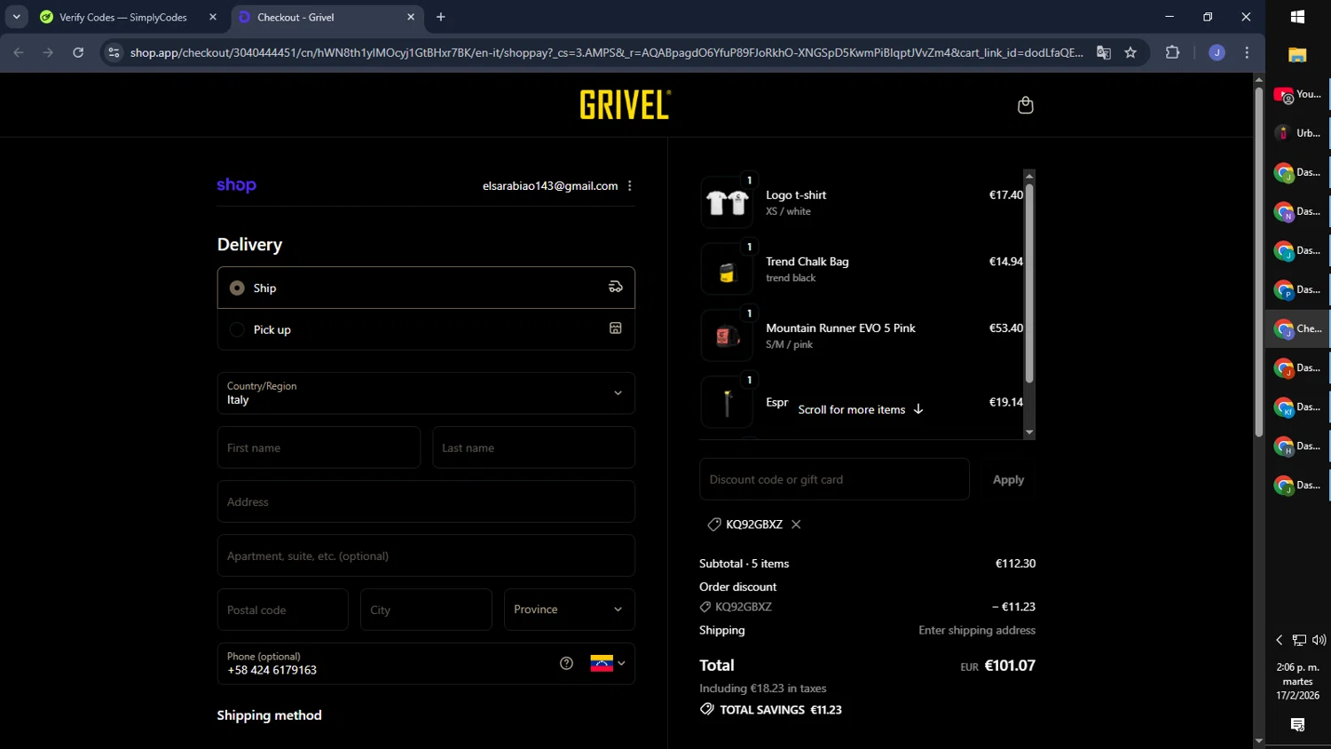 Grivel promo code screenshot showing code KQ92GBXZ applied at Grivel checkout page. Uploaded by SimplyCodes community member CouponGuardian8137 on Feb 17, 2026