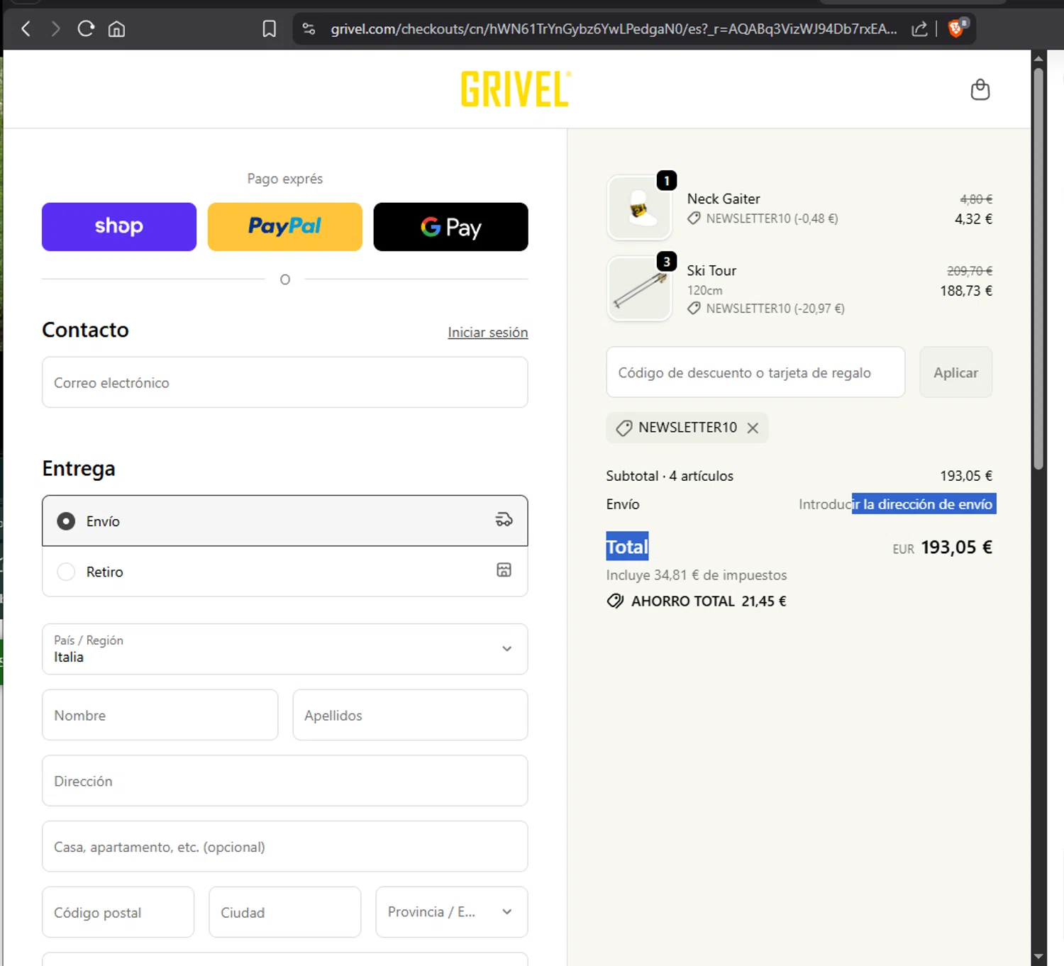 Grivel promo code screenshot showing code NEWSLETTER10 applied at Grivel checkout page. Uploaded by SimplyCodes community member Jmhernand1 on Dec 4, 2025