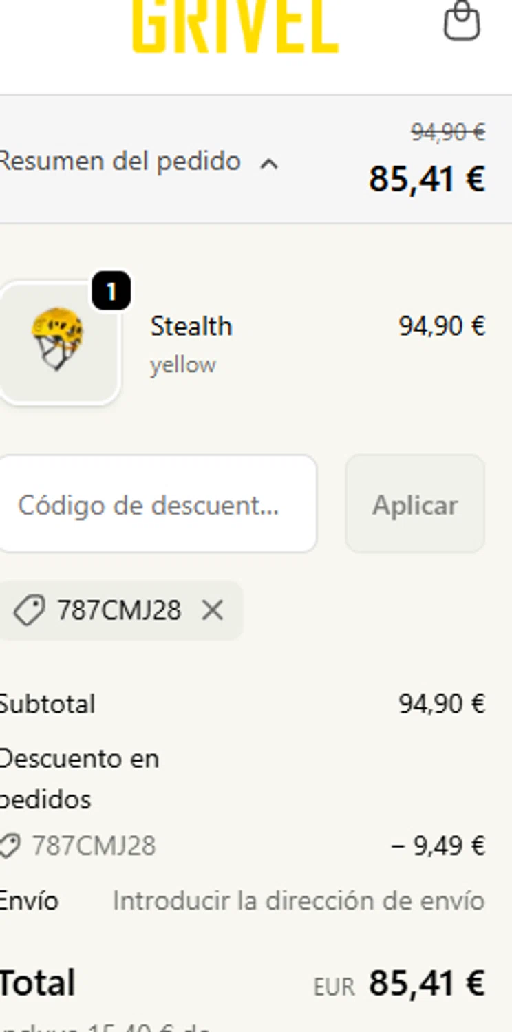 Grivel promo code screenshot showing code 787CMJ28 applied at Grivel checkout page. Uploaded by SimplyCodes community member chepipi on Jan 31, 2026