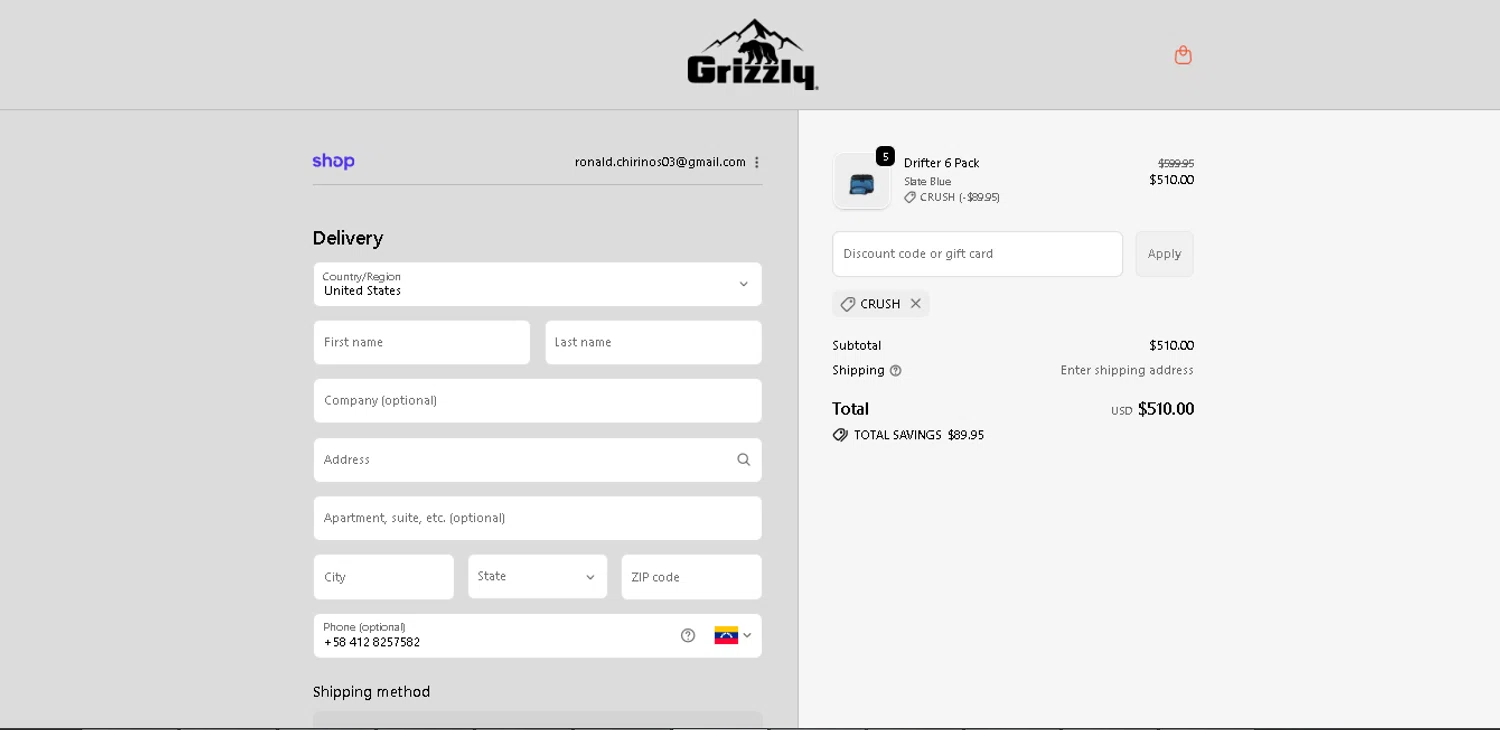 Grizzly Coolers promo code screenshot showing code CRUSH applied at Grizzly Coolers checkout page. Uploaded by SimplyCodes community member PennySage5996 on Nov 28, 2025