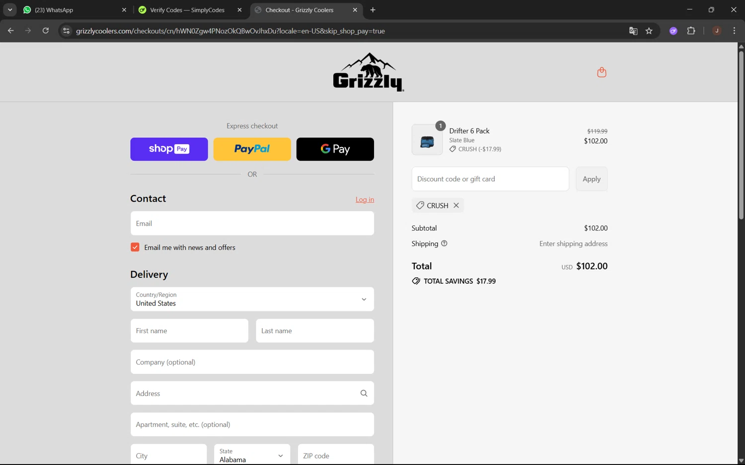 Grizzly Coolers promo code screenshot showing code CRUSH applied at Grizzly Coolers checkout page. Uploaded by SimplyCodes community member juanx1702 on Jul 13, 2025