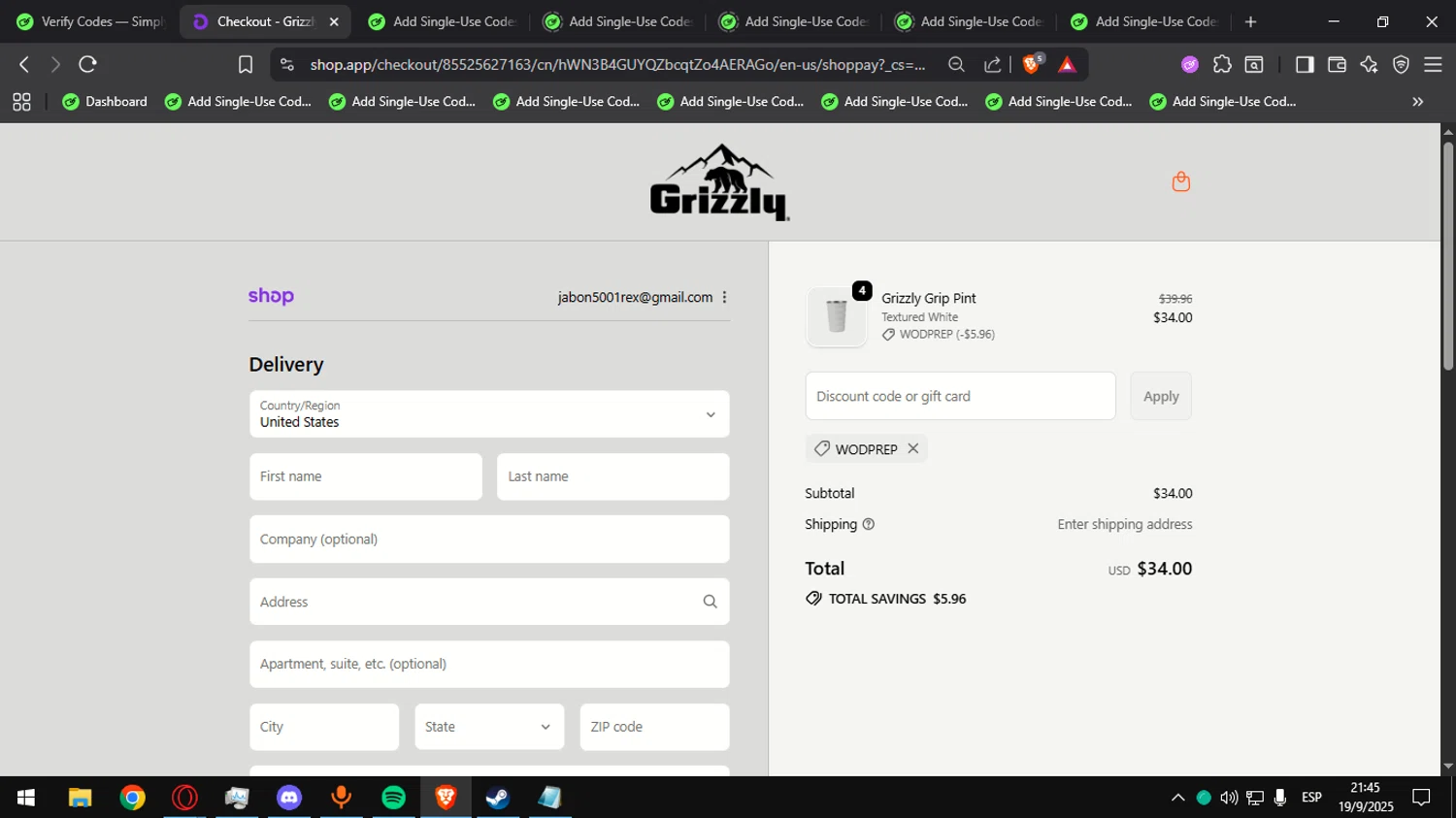 Grizzly Coolers promo code screenshot showing code WODPREP applied at Grizzly Coolers checkout page. Uploaded by SimplyCodes community member Alegre on Sep 20, 2025