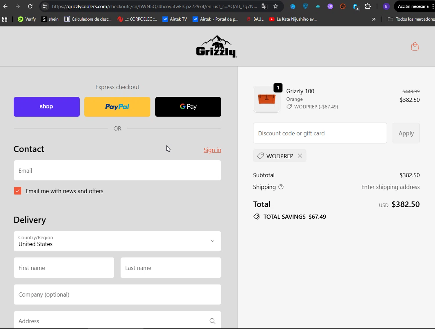 Grizzly Coolers promo code screenshot showing code WODPREP applied at Grizzly Coolers checkout page. Uploaded by SimplyCodes community member LuckyFinder274 on Nov 18, 2025