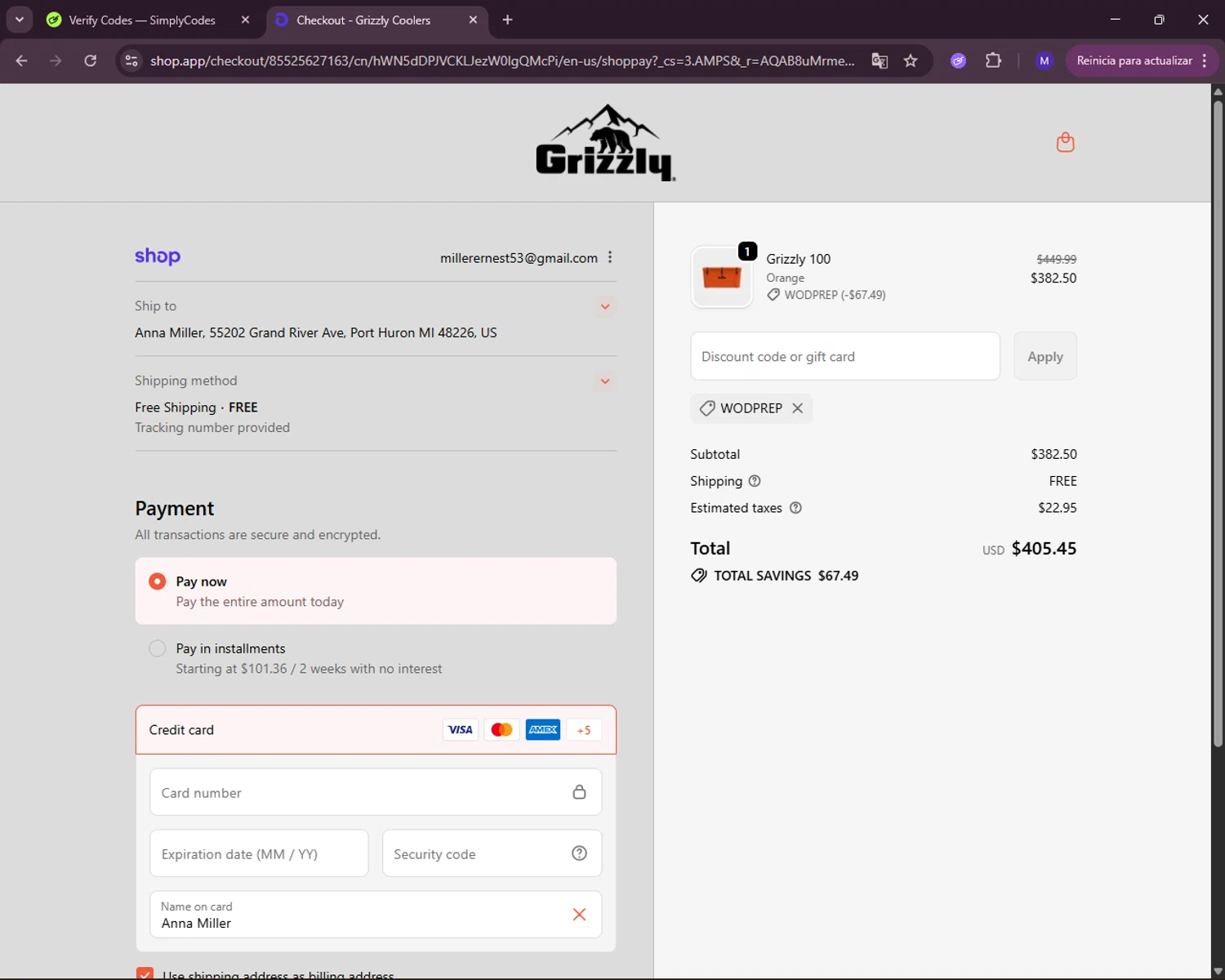 Grizzly Coolers promo code screenshot showing code WODPREP applied at Grizzly Coolers checkout page. Uploaded by SimplyCodes community member RewardLynx5307 on Nov 23, 2025