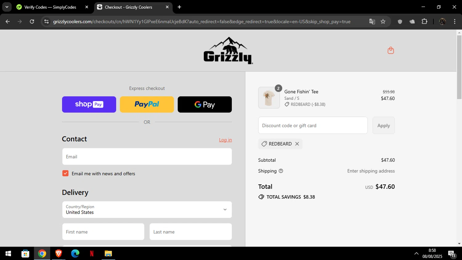 Grizzly Coolers promo code screenshot showing code REDBEARD applied at Grizzly Coolers checkout page. Uploaded by SimplyCodes community member Luckystrike on Aug 8, 2025