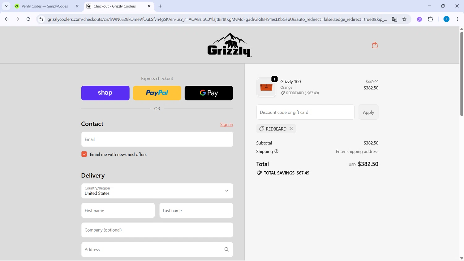 Grizzly Coolers promo code screenshot showing code REDBEARD applied at Grizzly Coolers checkout page. Uploaded by SimplyCodes community member WiseHawk9255 on Dec 15, 2025
