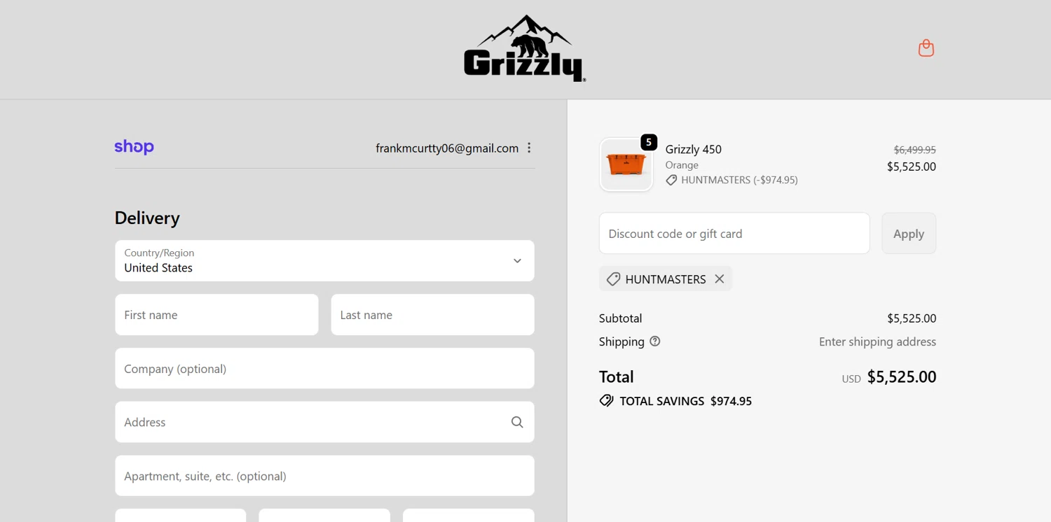 Grizzly Coolers promo code screenshot showing code HUNTMASTERS applied at Grizzly Coolers checkout page. Uploaded by SimplyCodes community member BrilliantVoyager5752 on Nov 18, 2025