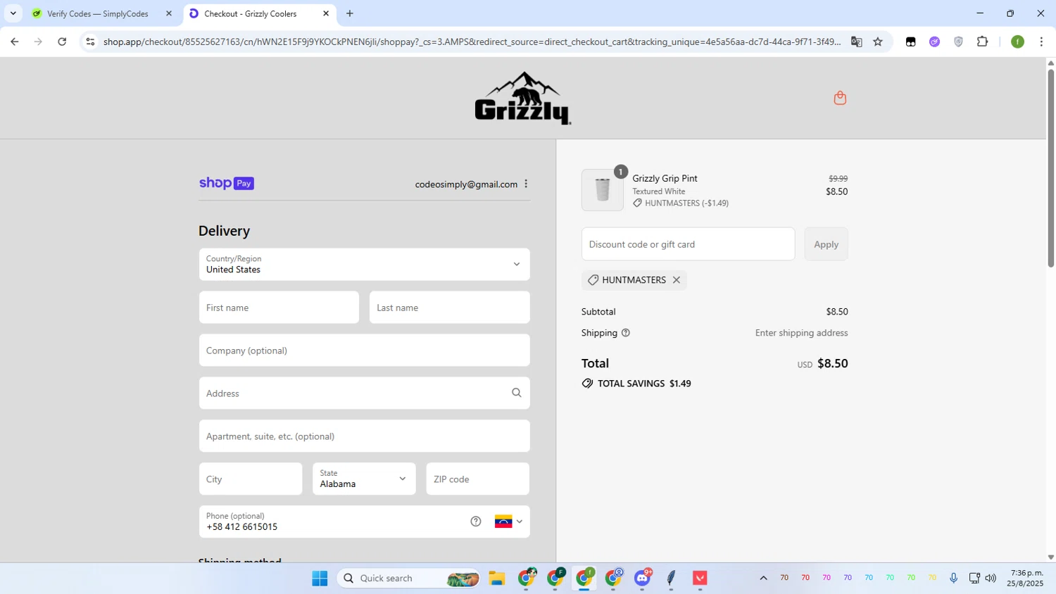Grizzly Coolers promo code screenshot showing code HUNTMASTERS applied at Grizzly Coolers checkout page. Uploaded by SimplyCodes community member Irelia on Aug 25, 2025