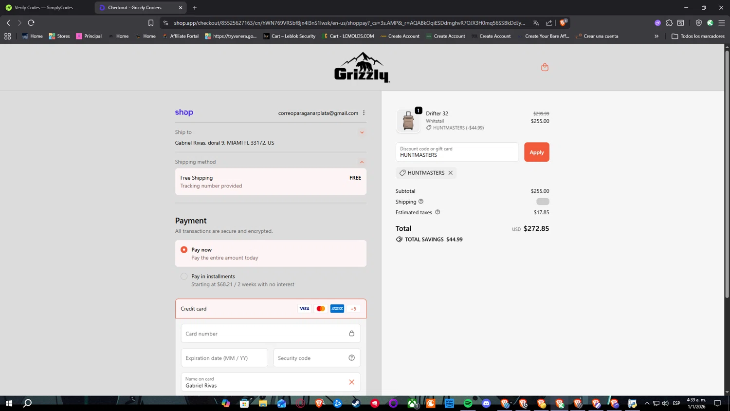 Grizzly Coolers promo code screenshot showing code HUNTMASTERS applied at Grizzly Coolers checkout page. Uploaded by SimplyCodes community member Nulo0000 on Jan 1, 2026