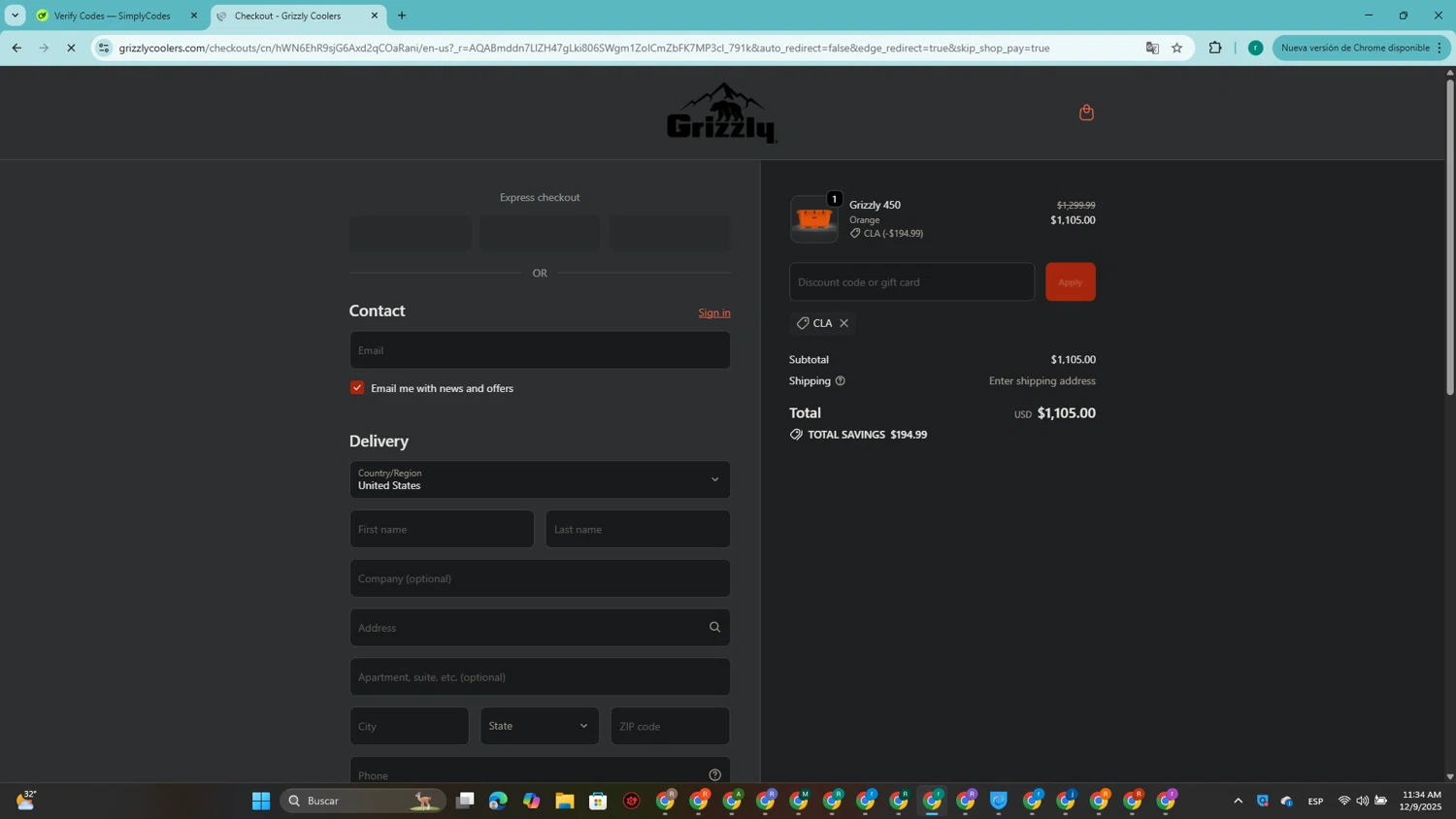 Grizzly Coolers promo code screenshot showing code CLA applied at Grizzly Coolers checkout page. Uploaded by SimplyCodes community member SavingsRanger5017 on Dec 9, 2025