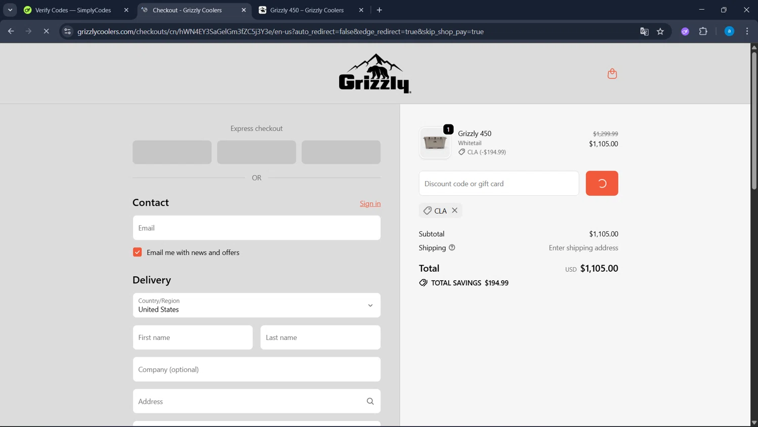 Grizzly Coolers promo code screenshot showing code CLA applied at Grizzly Coolers checkout page. Uploaded by SimplyCodes community member WiseHawk9255 on Oct 17, 2025