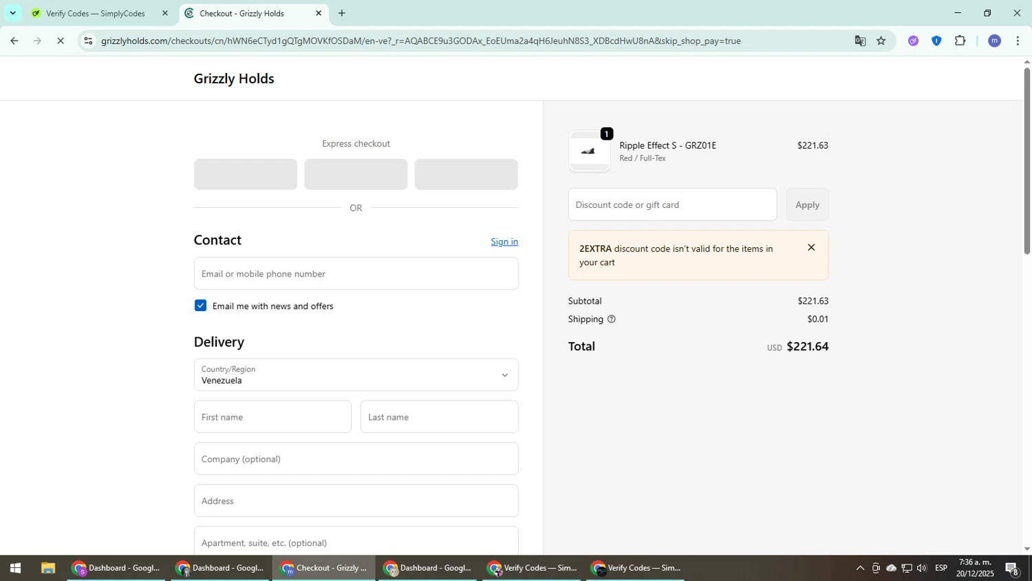 Grizzly Holds promo code screenshot showing code 2EXTRA applied at Grizzly Holds checkout page. Uploaded by SimplyCodes community member QuestDefender2661 on Dec 20, 2025