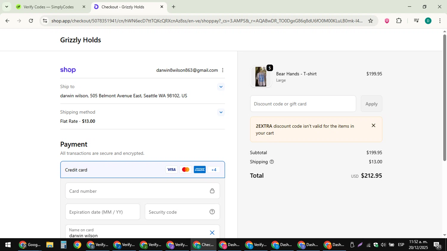 Grizzly Holds promo code screenshot showing code 2EXTRA applied at Grizzly Holds checkout page. Uploaded by SimplyCodes community member ThriftyLion6776 on Dec 20, 2025