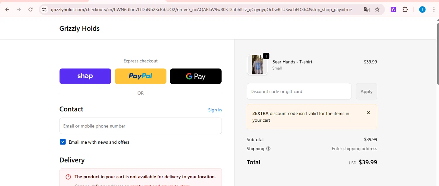 Grizzly Holds promo code screenshot showing code 2EXTRA applied at Grizzly Holds checkout page. Uploaded by SimplyCodes community member TreasureScout5082 on Dec 20, 2025