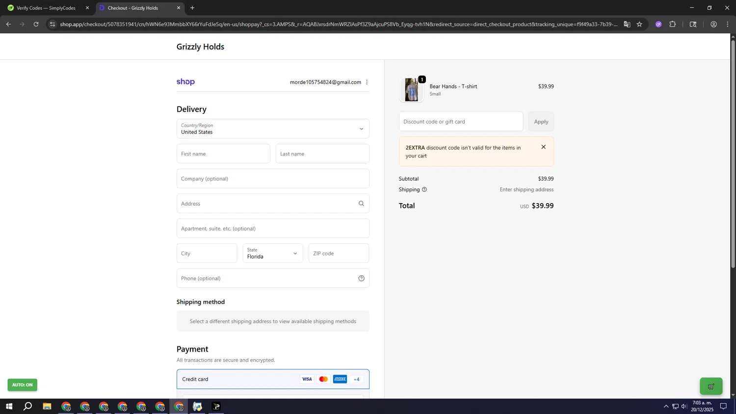 Grizzly Holds promo code screenshot showing code 2EXTRA applied at Grizzly Holds checkout page. Uploaded by SimplyCodes community member rrrrrrrrrrrrrrrrrrrrrrrrr on Dec 20, 2025