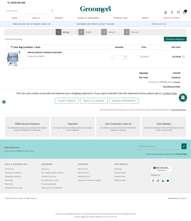 Groomers Online checkout page showing Groomers Online discount code box | Screenshot taken by SimplyCodes community member on Apr 3, 2025