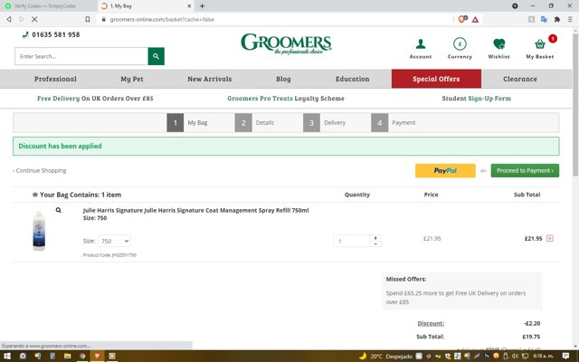 Groomers Online checkout page showing Groomers Online discount code box | Screenshot taken by SimplyCodes community member on Sep 2, 2021