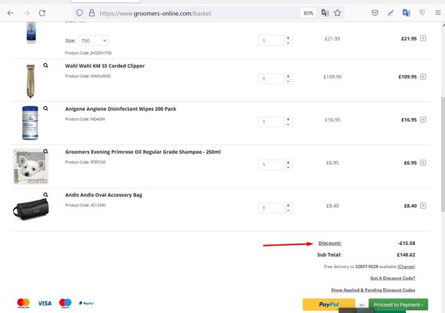 Groomers Online checkout page showing Groomers Online discount code box | Screenshot taken by SimplyCodes community member on Aug 4, 2021