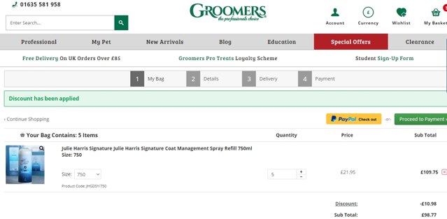 Groomers Online checkout page showing Groomers Online discount code box | Screenshot taken by SimplyCodes community member on May 1, 2021