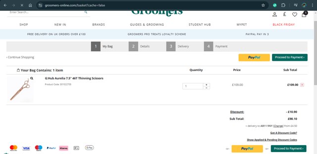 Groomers Online checkout page showing Groomers Online discount code box | Screenshot taken by SimplyCodes community member on Nov 5, 2024